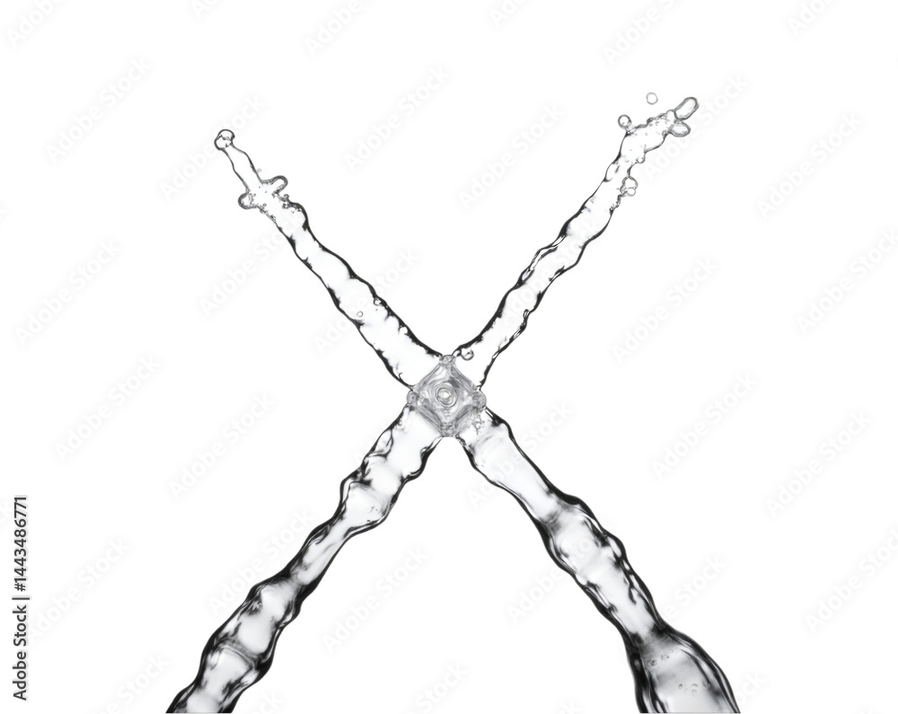 Poster striking high-contrast image showcasing dynamic water streams intersecting to form an ,x, shape agai
