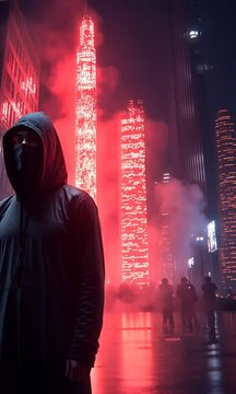 Hooded figure in red-lit city street. Dark atmosphere with tall buildings and obscured faces