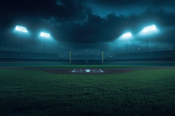 A dramatic night view of a deserted baseball field, illuminated under stadium lights.