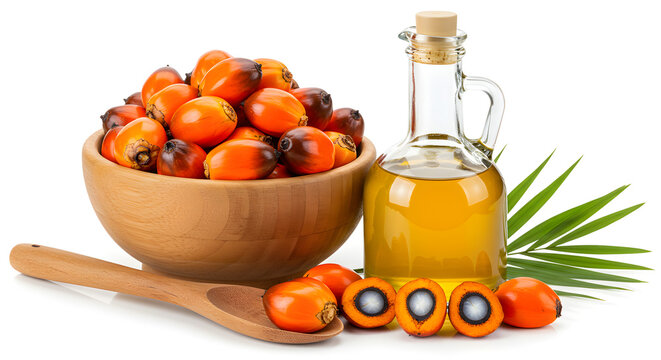 Palm Oil Fruits in Wooden Bowl with Glass Bottle on White Background Still Life