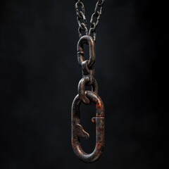 Obraz premium Close-up of a single rusty metal chain with a clip, hanging against a dark background.