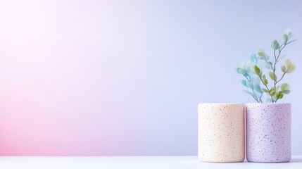 Two textured ceramic pots with small green plant on white surface, pastel gradient background, minimalist composition, and indoor decoration concept.