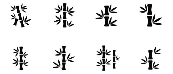 Bamboo plant icon set. Bamboo black stalk, leaf, nature, ecology, silhouette on white background.
