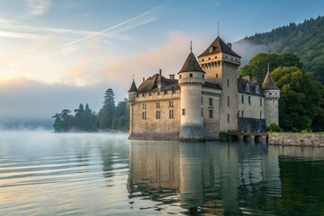 Obraz premium Castle on Water at Dawn Surrounded by Mist and Mountains Generative AI