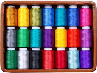 Colorful spools of thread neatly arranged inside a wooden box, showcasing vibrant hues