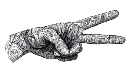 A detailed black-and-white outline of a hand showing the peace sign with intricate linework.