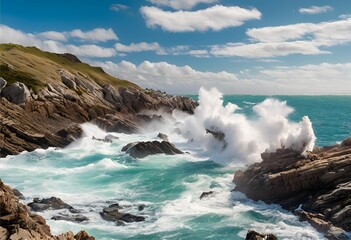 Powerful waves crash through the rocky cliffs, surging past the jagged edges of large boulders.
