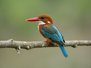 Red-Billed Kingfisher Bird Perched on Branch, Vibrant Colors, Wildlife Photography