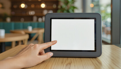 A hand interacts with a digital tablet displaying a restaurant ordering interface, set against a blurred backdrop of a modern cafe interior.