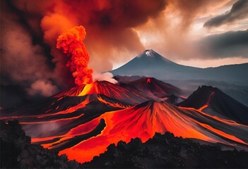 fiery red volcano glows intensely, contrasting against a calm, peaceful mountain range in the background.
