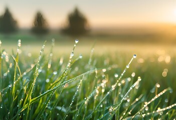 Countless dewdrops glisten on grass tips in the morning, beautifully reflecting the warm, rising sunlight.

