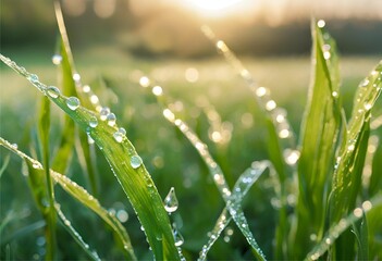 Countless dewdrops glisten on grass tips in the morning, beautifully reflecting the warm, rising sunlight.
