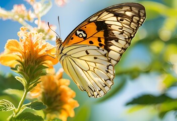 vibrant butterfly rests on a bright yellow flower, showcasing beautiful colors in the sunlight.
