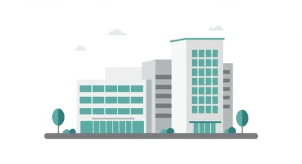 Flat minimalist graphic art depicting modern healthcare building concept