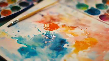 Fototapeta premium Watercolor Paints and Brush: A vibrant composition of watercolor paints and a delicate brush, capturing the essence of artistic creativity and color palettes.