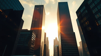 Stunning New York City Sunset Cityscape: Modern Skyscrapers and Urban Architecture