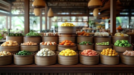 Fototapeta premium Diverse Asian steamed food display