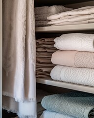 Neatly organized shelves showcasing an array of soft, pastel-colored towels and linens.