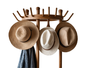 Stylish Wooden Coat Rack Adorned with Panama Hats and a Blue Knitwear Accessory, Evoking a Sense of Classic Elegance and Practical Home Organization