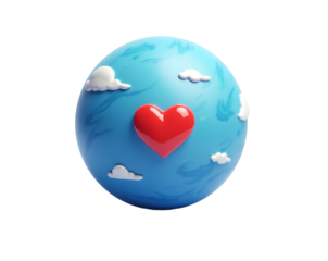 Stylized Planet Illustration, A Vibrant Blue Globe with Clouds and a Heart Symbolizing Love, Connection and Global Harmony