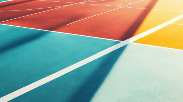 Vibrant multi-colored tennis court with bold lines and shadows creating a dynamic and modern atmosphere.