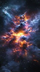 Naklejka premium A vibrant cosmic nebula showcasing fiery colors and star-filled background in a stunning astronomical scene.