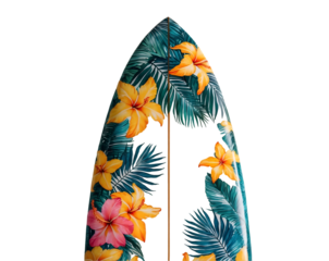 Surfboard with vibrant tropical floral design, perfect for summer vibes, ideal for beach lovers and surfers, enhancing the spirit of adventure