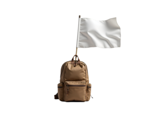 Symbolic Backpack Journey, A Crisp White Flag on a Beige Backpack, Representing Hope, Exploration, and New Beginnings on Adventures in Unknown Territory