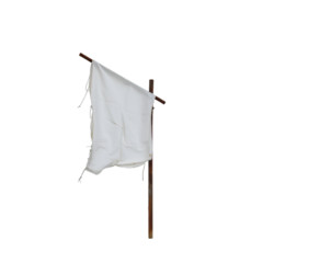 Symbolic representation of surrender, A worn and weathered white flag, its fabric torn and distressed, flapping gently, isolated against the void, creating a poignant metaphor