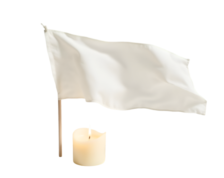 Symbolism in Still Life, A Pristine White Flag Gently Fluttering Beside a Softly Lit Candle, Evoking Themes of Peace, Hope, and Silent Reflection