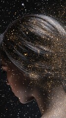 A woman with flowing hair blends into a cosmic scene filled with shimmering stars and particles.