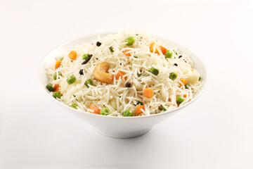 Fresh steaming Vegetable Rice garnished with mint leaf served in ceramic bowl