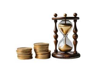 Time is Money, Golden Coins Stack and Hourglass Depicting Financial Investment, Scarcity, Economic Planning, and Careful Management Over Time