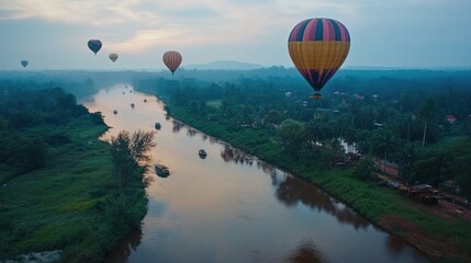 Obraz premium Sunrise hot air balloons over a river valley