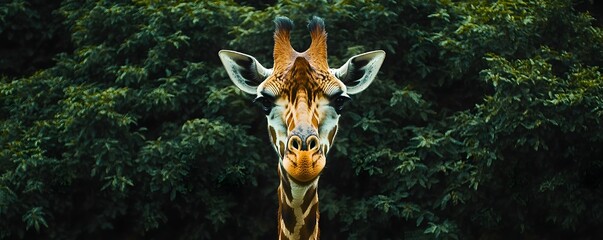 Giraffe portrait prominently showcases its unique patterns and colors