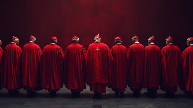 Group of Catholic cardinals, dressed in red vestments, walks solemnly during a papal conclave.
