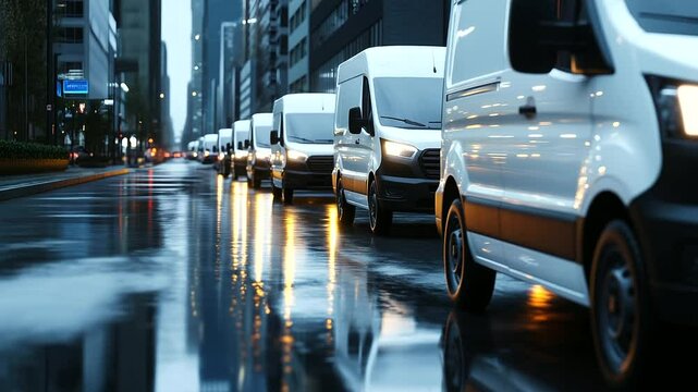 White vans aligned neatly on roadside, reflections of buildings on glossy surfaces. Courier service fleet ready for busy shipping day.