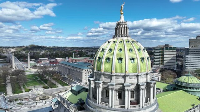 Harrisburg, Pennsylvania USA &ndash; 4 24 2024: Stunning 4K drone video capturing the Pennsylvania State Capitol building in Harrisburg from above. 