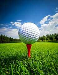 A pristine golf ball rests on a vibrant red tee, poised on lush green grass beneath a clear blue sky. Represents opportunity, precision, and the thrill of the game.