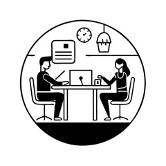 Black and White Illustration of Two People Working in an Office Space