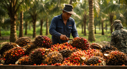 Worker Harvesting Fresh Palm Oil Fruit with Knife on Farm During Golden Hour with Forest Background
