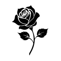 Elegant silhouette of a rose with stem and leaves on white