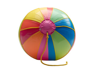 Obraz premium Vibrant beach ball featuring a spectrum of colorful panels, perfect for summer fun and recreational activities on the beach or by the pool on a sunny day