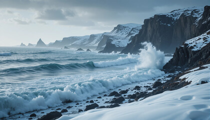 Winter Waves on Iceland Coastline Scene: Icy waves crashing against rugged, snowy shorelines with dramatic cliffs in the distance