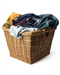 A woven laundry basket filled with colorful, neatly stacked clothes ready for washing.