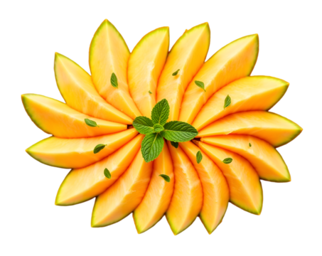 Vibrant cantaloupe segments arranged in a radial pattern with fresh mint leaves, offering a refreshing and visually appealing composition perfect for summer themes