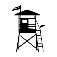 Silhouette of Lifeguard Tower with Flags, a Symbol of Beach Safety