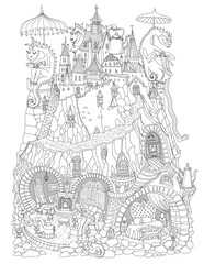 Fototapeta premium Fairy tale Dragons knitting stocking, reading book and hooligan, old medieval castle and underground cave apartment. Coloring book page