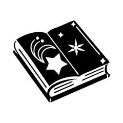 Mystical Open Book with Moon, Stars, and Celestial Elements in Black and White