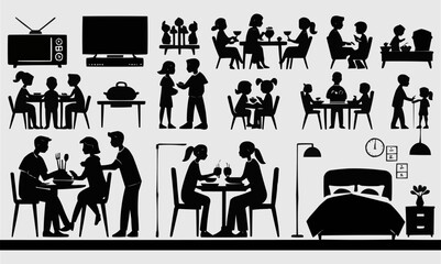 Family, relationship icon set. Vector glyph pictograms of couple, parent, child, elderly people, pregnancy, parenting, community, single mother, social care black silhouette illustration.